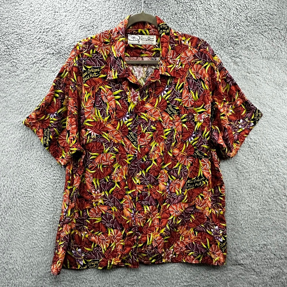 VTG BayouWear Men's XL New Orleans Jazz Fest Crawfish Rayon Button Up Shirt EUC